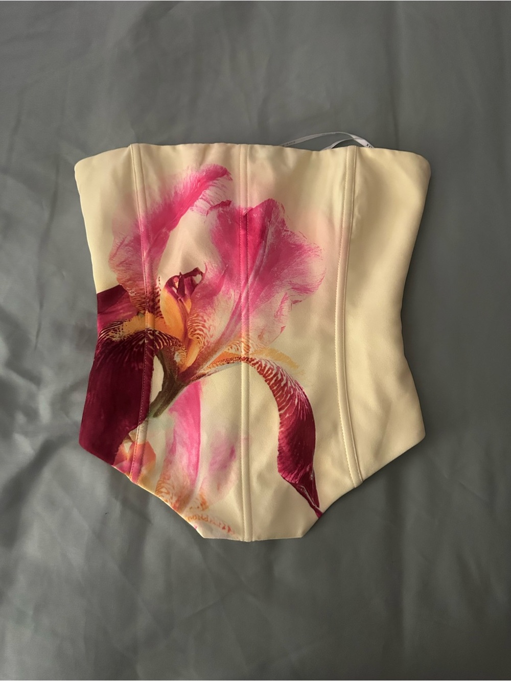 White Fox Boutique Cream Corset Crop Top with Pink & Maroon Floral Print